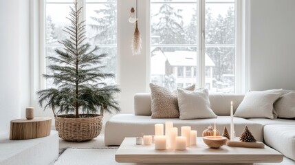 Scandinavian-inspired Christmas living room, with a small natural pine tree in a basket, minimal wooden ornaments, white candles, 