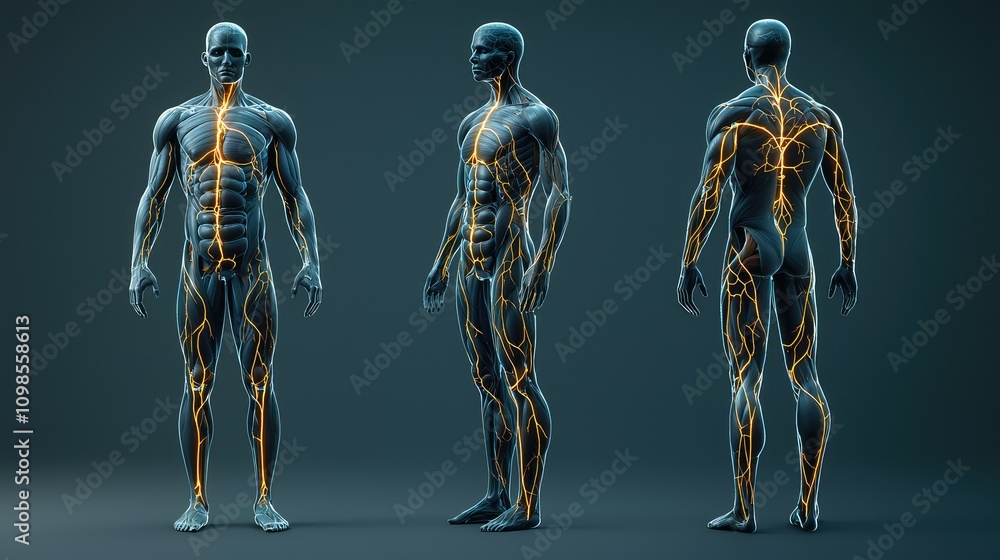 Poster detailed anatomical illustration of the human circulatory system in a standing pose displaying vascu