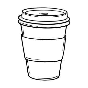 recommend clip art: Paper cup for coffee. Coffee hot drink take away. Coffee to go outline drawing painted by black inks. Hand drawn vector illustration on white. Monochrome Outline picture. Decoration for menus