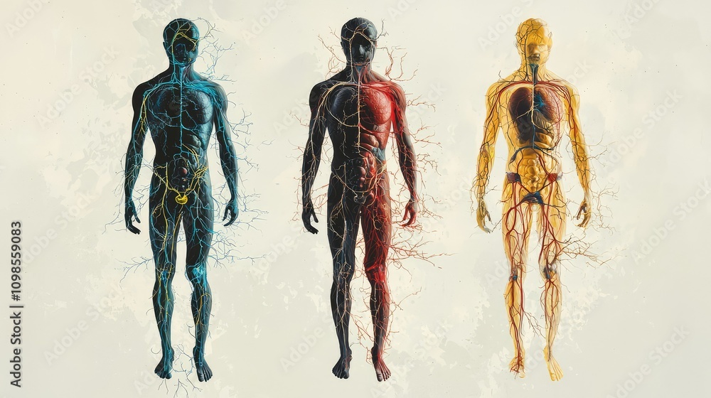 Poster detailed anatomical illustration of the human nervous system with color-coded visualization showcasi