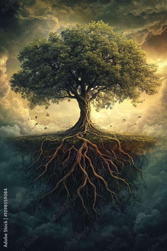 Poster a stunning tree with intricate roots suspended in the sky, surrounded by clouds and sunlight, creati