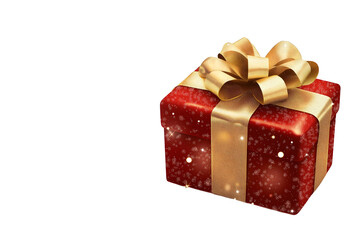 Obraz premium A Christmas gift box wrapped in red paper with a golden bow, sparkling gently, transparent background