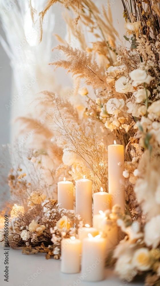 Poster a table with candles and flowers. the candles are lit and the flowers are arranged in a way that cre