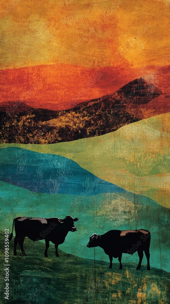 Poster two cows are standing in a field. one cow is on the left and the other is on the right