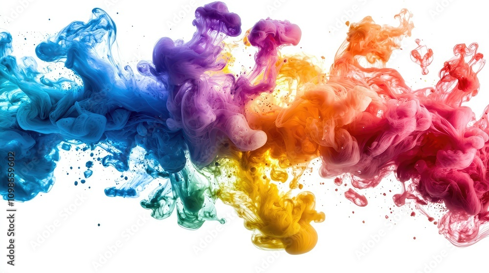 Poster vibrant colors of ink mixing with water on a white background creating stunning abstract patterns in