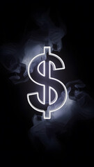 A glowing dollar sign in neon style, surrounded by a smoky background. The design is modern and minimalistic, emphasizing the symbol of currency.