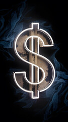 A glowing dollar sign illuminated against a dark background, surrounded by wisps of smoke. The dollar symbol has a vintage texture, adding a unique aesthetic.