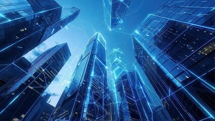 Fototapeta premium A stunning view of a futuristic cityscape, showcasing tall skyscrapers at night with blue neon lights glowing.