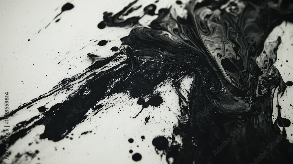 Poster modern abstract ink splatters on canvas: a dynamic composition of black and white fluid forms creati
