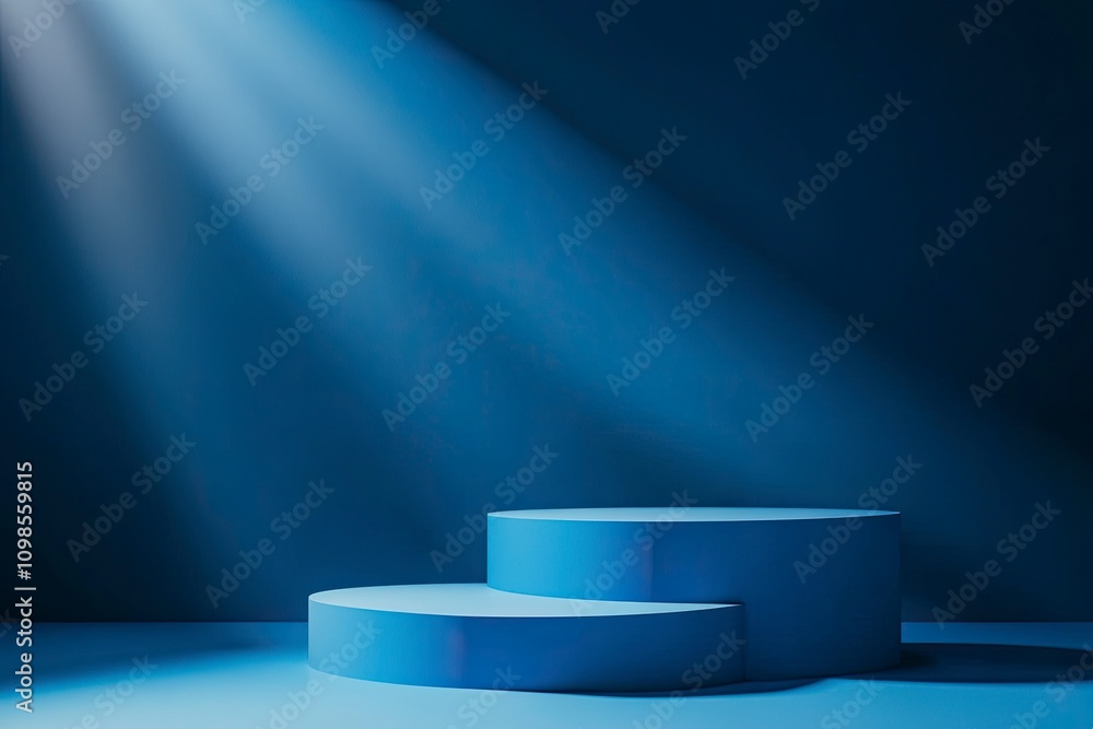 Poster blue background for product presentation with shadows and light. empty podiums. mockup.