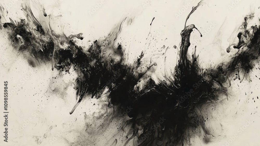 Poster abstract ink spreading on wet paper, creating soft blends and fluid forms in monochrome, ideal for a