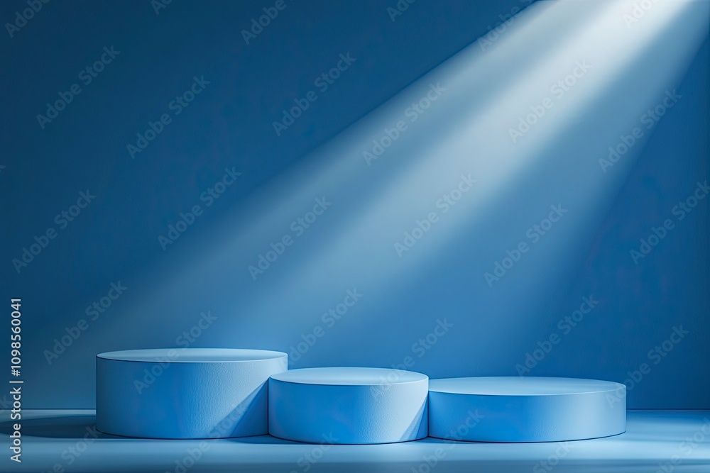 Poster blue background for product presentation with shadows and light. empty podiums. mockup.