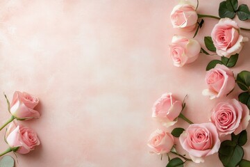 Fototapeta premium Delicate arrangement of pink roses on a soft pink background for floral decoration