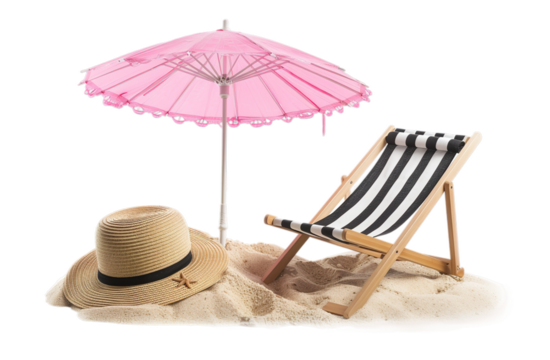 Beach Relaxation with Pink Umbrella and Striped Lounger, cut out, PNG file