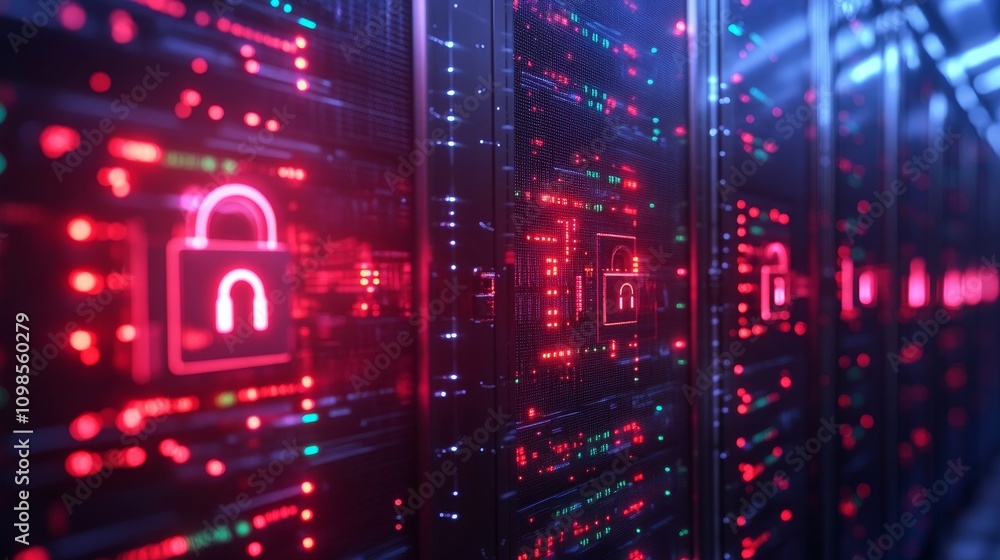 Poster cybersecurity data center with glowing locks