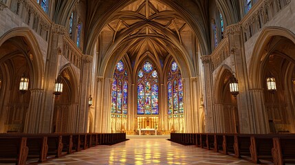 Obraz premium Majestic Interior of a Grand Cathedral Featuring Stunning Stained Glass Windows Illuminated by Soft Light in a Serene Ambiance