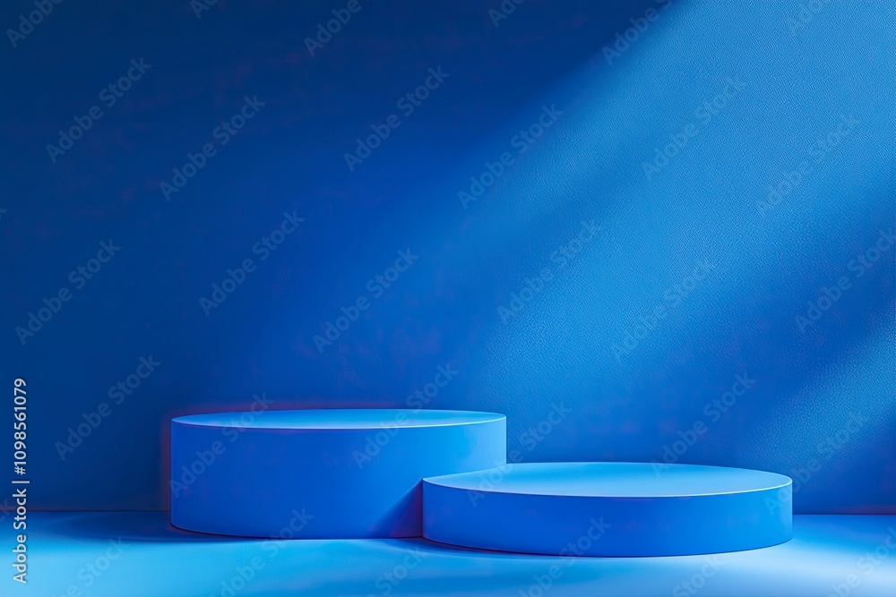 Poster blue background for product presentation with shadows and light. empty podiums. mockup.