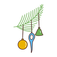 Spruce green twig decorated with New Years glass toys. Winter season holiday time, Christmas vibe. Traditional decoration. Colorful vector isolated illustration hand drawn. Icon clip art or card