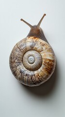 Snail with a spiraled shell resting against a smooth light background in natural light