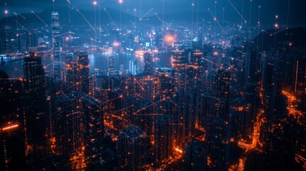 Obraz premium Night Cityscape with Digital Connections
