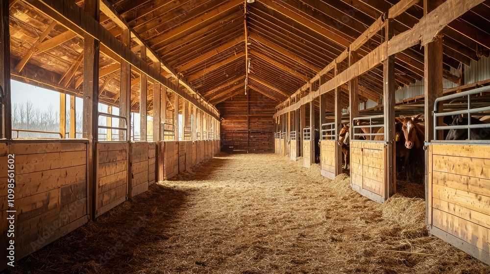 Poster inside view of a barn with stalls for animals and feed featuring natural light and rustic wooden str