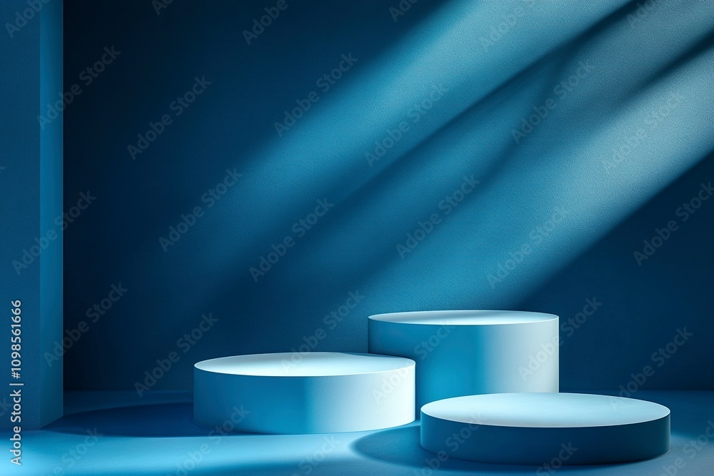 Poster blue background for product presentation with shadows and light. empty podiums. mockup.