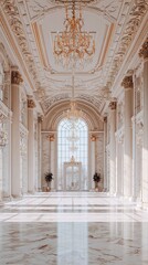 Fototapeta premium Elegant Interior Lobby with Marble Floor and High Ceiling, Showcasing Exquisite Architectural Design and Luxurious Lighting in a Spacious Environment