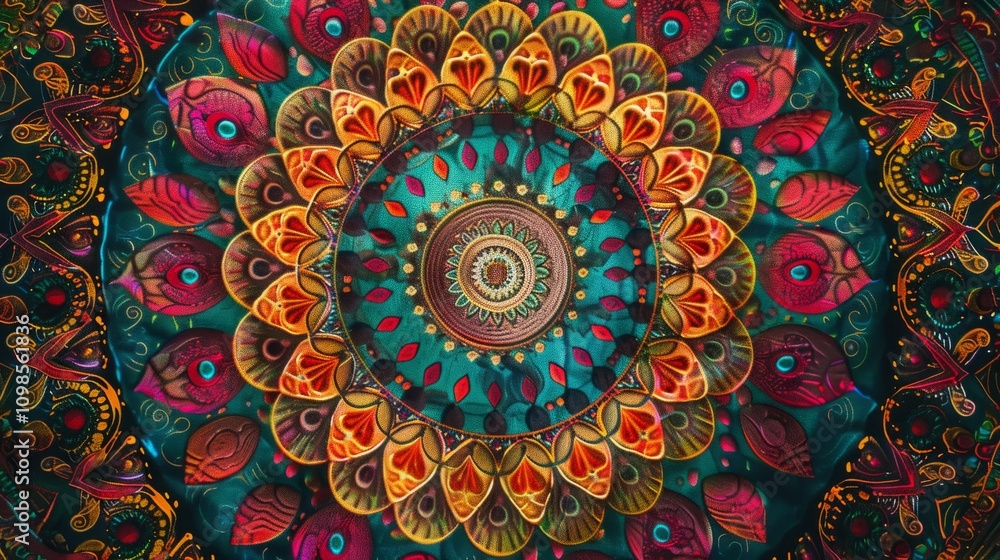 Poster artistic texture background with intricate mandala patterns and vibrant colors, creating a visually 