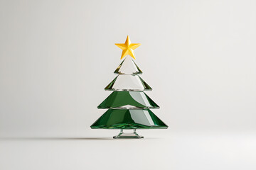 Obraz premium A small green Christmas tree made of crystal, delicately crafted with sparkling details, topped with a shining star, set against a simple, elegant background