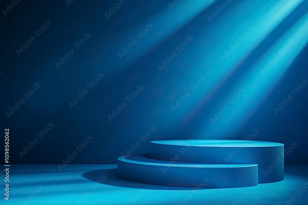 Poster blue background for product presentation with shadows and light. empty podiums. mockup.