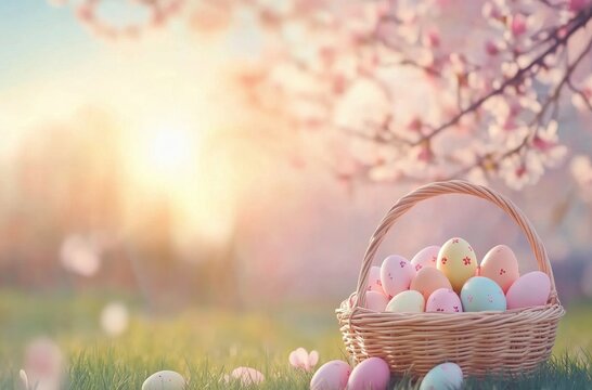 Easter egg basket under blossoming tree in a serene spring garden setting