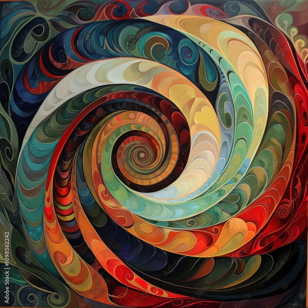 Poster a captivating abstract spiral artwork featuring a dynamic blend of vibrant colors and intricate patt