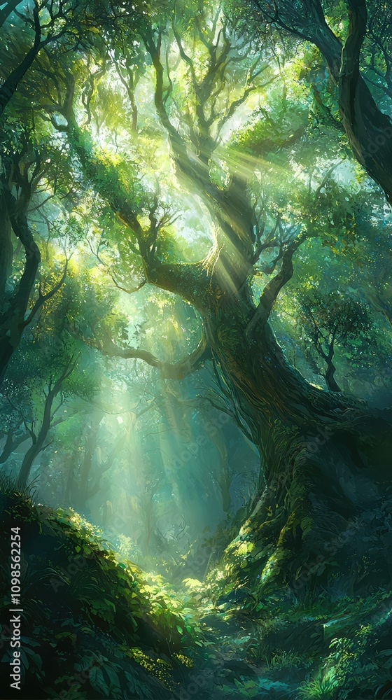 Poster ethereal elven forest with ancient tall trees and lush greenery illuminated by soft rays of light in