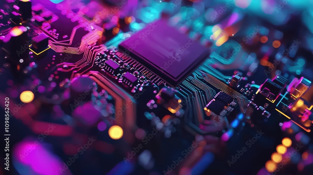 Poster close-up macro shot of a modern graphics card chip socket with vibrant colorful circuit board elemen