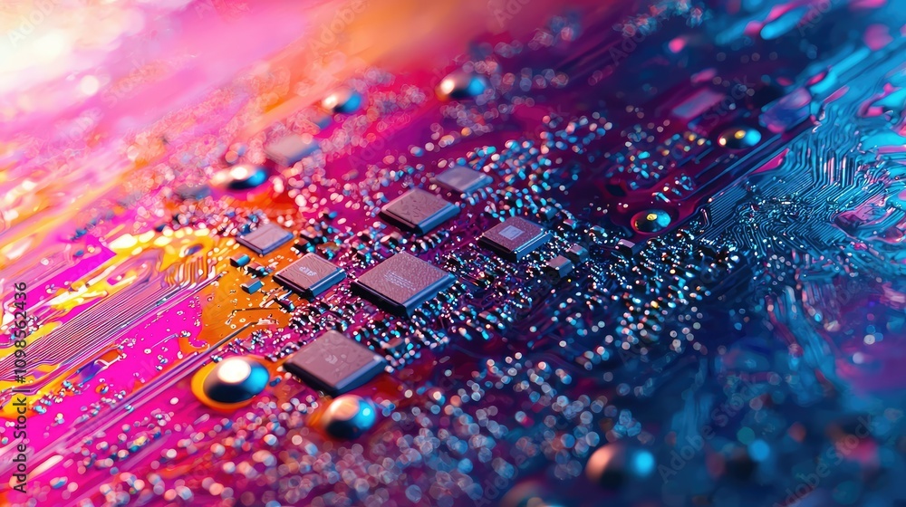 Poster close-up macro shot of a modern graphics card chip socket with vivid colors and intricate details ca