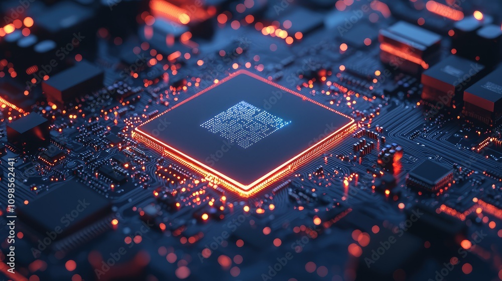 Poster detailed macro view of a processor chip on a blue motherboard highlighting complex circuits and dyna