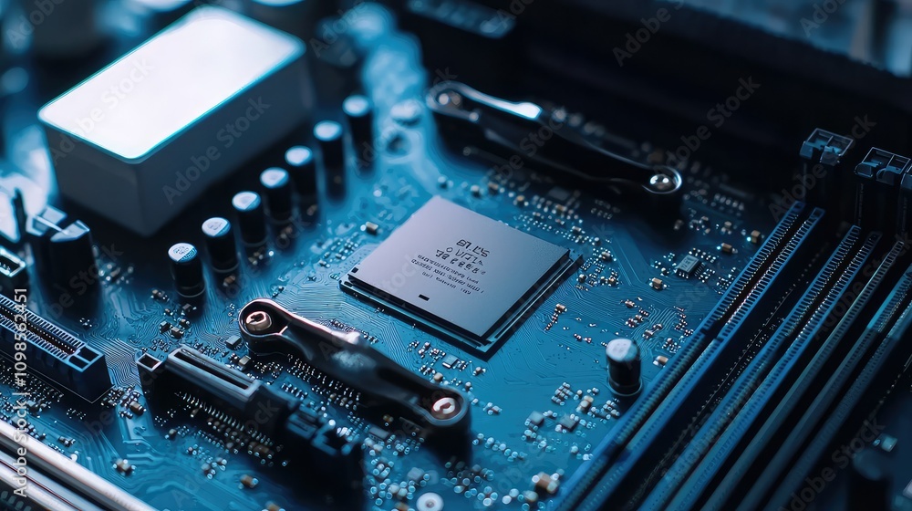Poster close-up view of a modern processor chip on a blue motherboard showcasing intricate details of elect