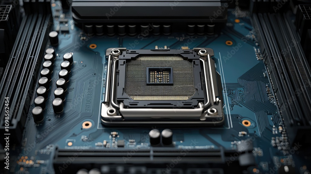 Poster detailed close-up view of a processor chip on a blue motherboard showcasing advanced technology and 