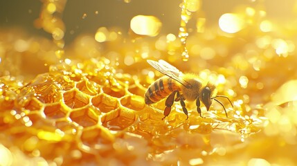 Fototapeta premium Close-Up Macro Shot of a Bee on Glimmering Honeycomb Surrounded by Golden Honey Droplets in Beautiful Natural Light