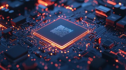 Fototapeta premium Detailed Macro View of a Processor Chip on a Blue Motherboard Highlighting Complex Circuits and Dynamic Lighting Effects