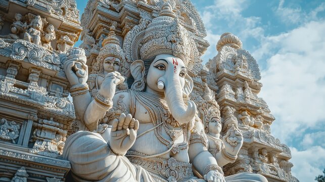 Majestic Hindu temple with intricate stone carvings of deities under a vibrant sky, showcasing artistic representation and cultural significance in spiritual practice