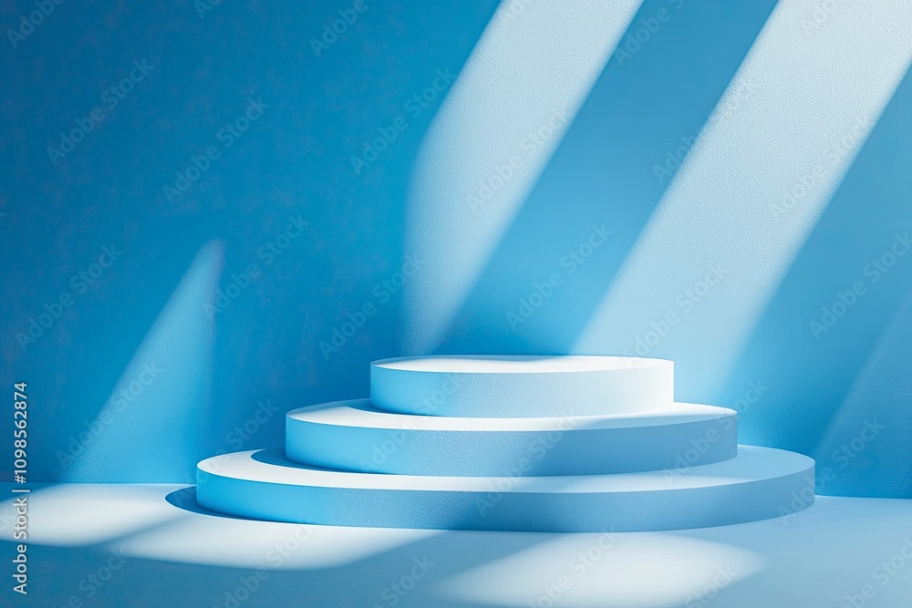 Poster blue background for product presentation with shadows and light. empty podiums. mockup.