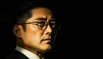 Fototapeta premium 洗練されたスーツ姿の男性がシリアスな表情で光を受けている瞬間