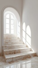 Elegant Marble Staircase Leading to an Arched Doorway with Sunlit Shadows and Soft Natural Light Enhancing the Serene Interior Ambiance