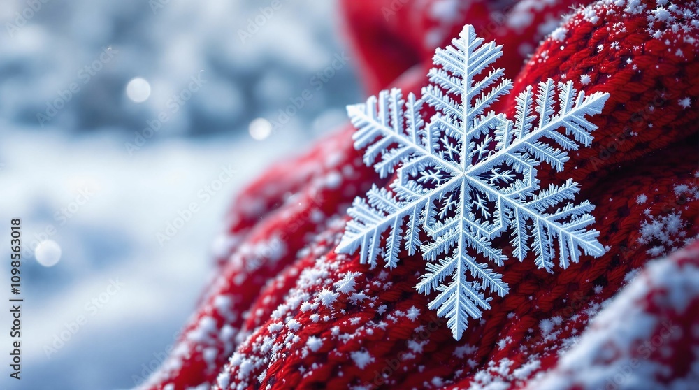 Poster a delicate snowflake rests on a textured red knit fabric, dusted with fresh snow.