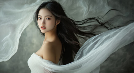 Fototapeta premium Beautiful Asian woman in a white dress, with long hair flowing around her shoulders