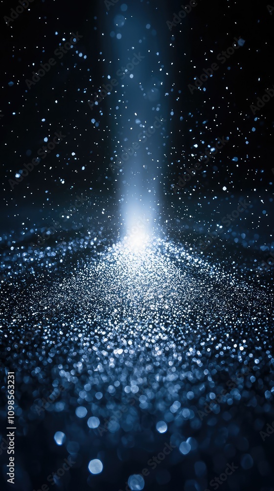 Poster radiant metallic particles glimmering in a ray of light against a dark background, capturing the enc