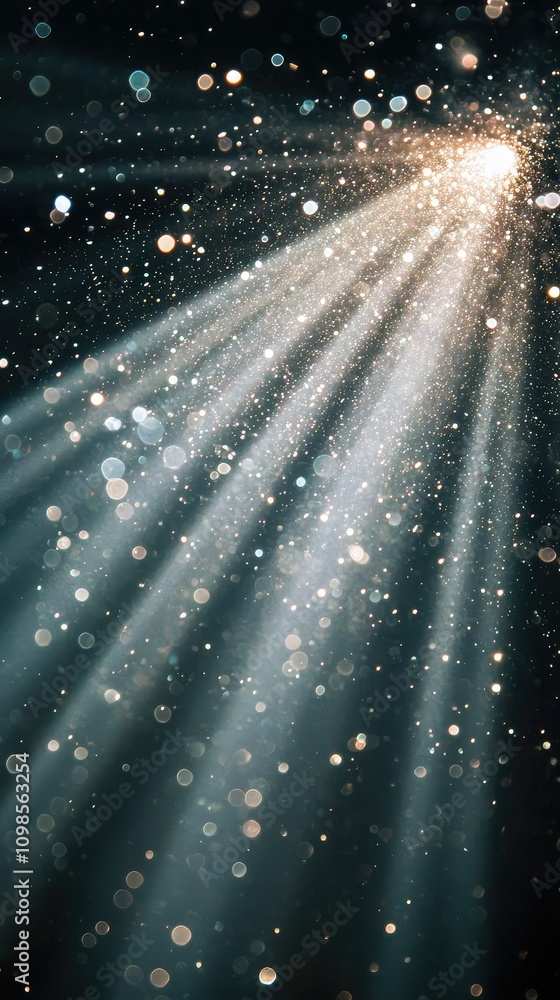 Poster glimmering metallic particles in a ray of light creating a stunning visual effect with depth and tex