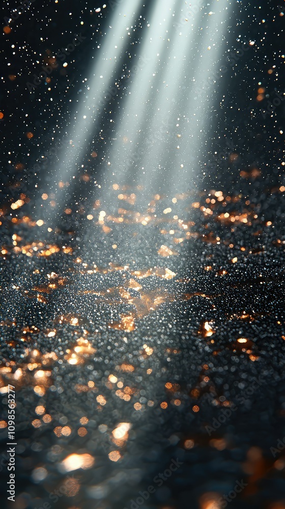 Poster glimmering metallic particles illuminated by rays of light creating a stunning visual effect on a da