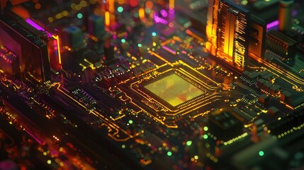 Obraz premium Detailed Close-up View of a Colorful Motherboard with Microchip Installation, Laser Technology, and Vibrant Circuitry Illuminated by LED Lights